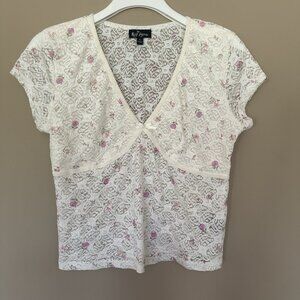 Vintage Floral Lace Top Women XL Cottagecore Coquette Cropped Sheer Rose Bodycon